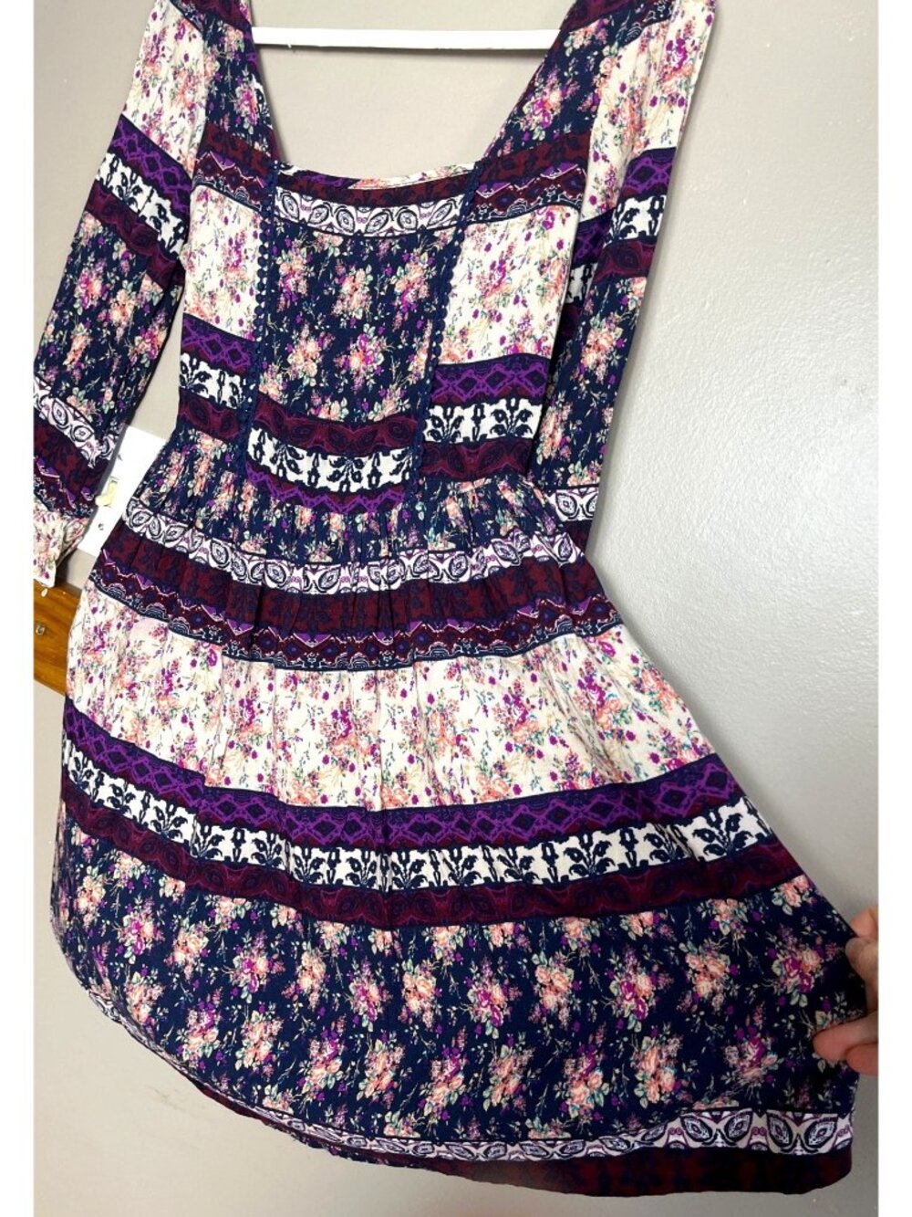 Boho Patchwork Print Dress Mini Milkmaid Peasant Pockets Whimsigoth Gypsy Wom S